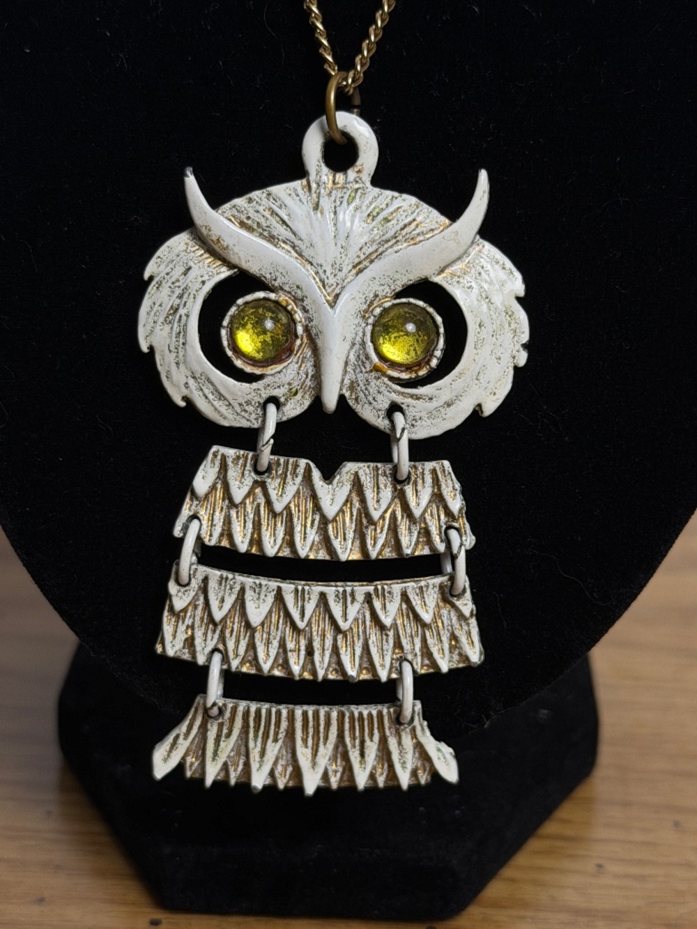Vintage White Enamel Owl Pendant Articulated Mid Century Mod
